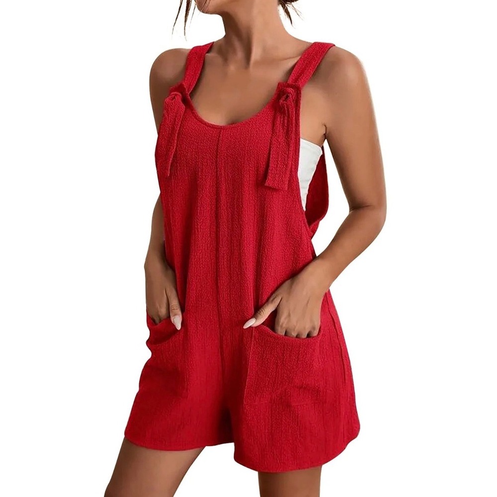 Emery Rose Romper Womens Medium Red NEW Tie Shoulder Textured Overalls